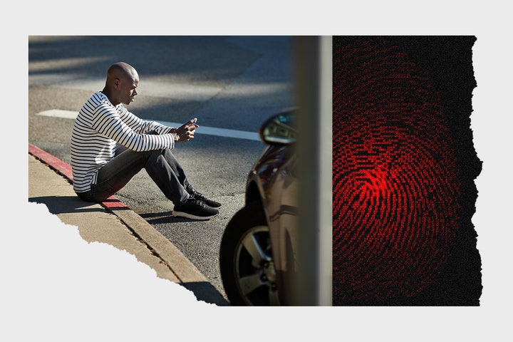 collage of images of Black man sitting on curb and illustration of fingerprint made of binary code