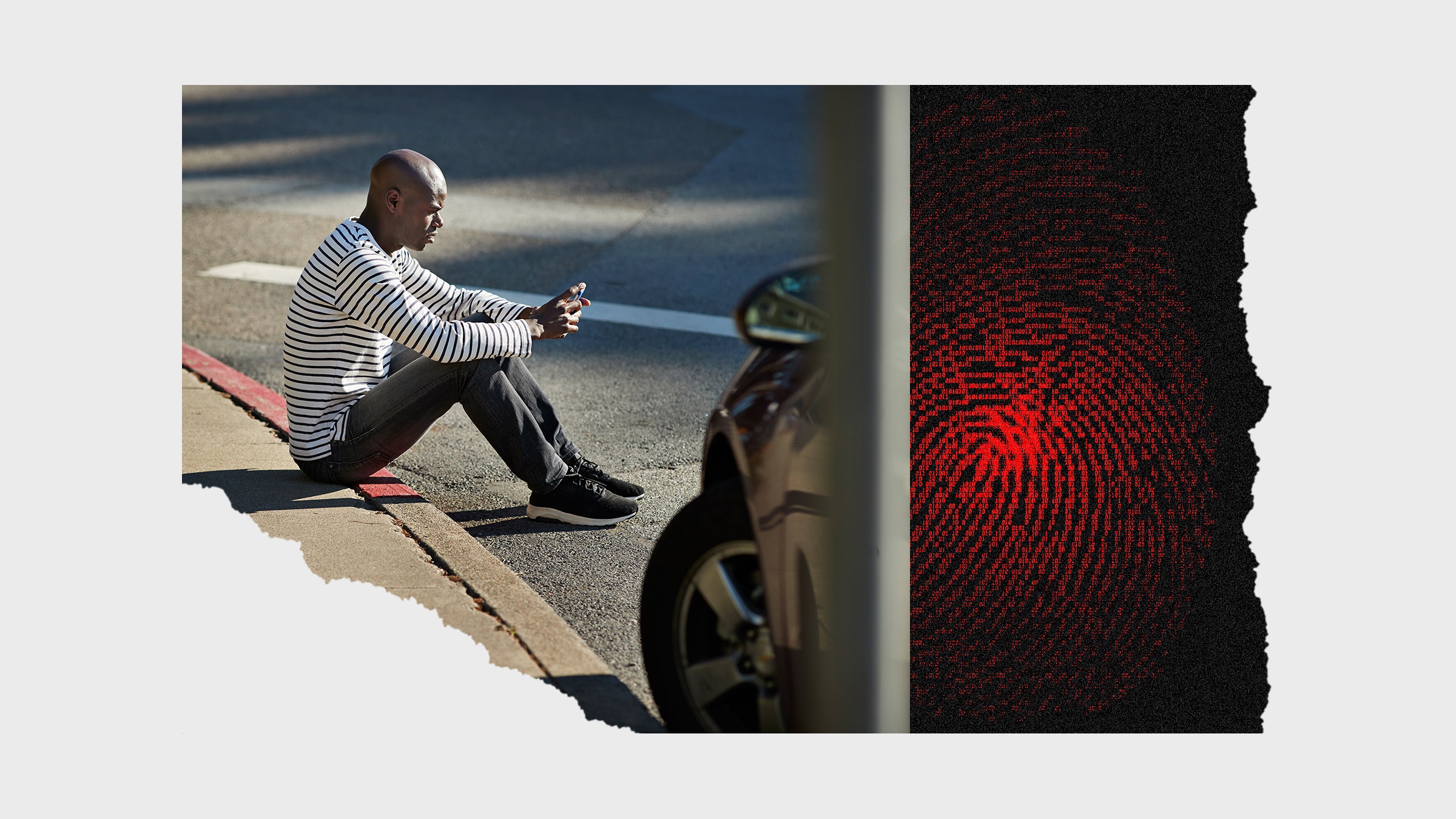 collage of images of Black man sitting on curb and illustration of fingerprint made of binary code