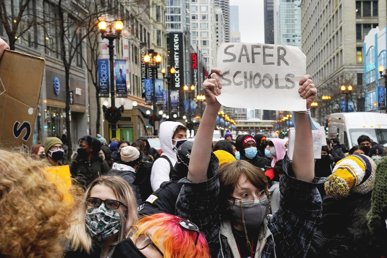 Demonstrators gather during a student walkout over Covid19 safety measures at Chicago Public Schools in Chicago Illinois...