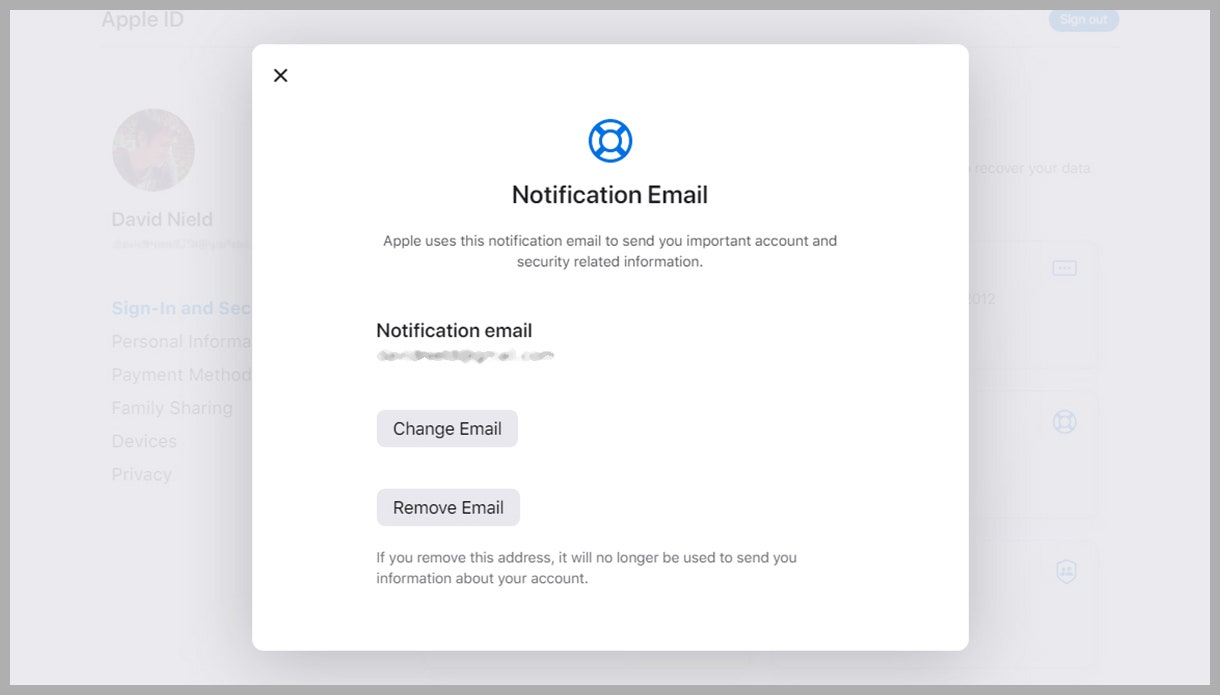 Screenshot of Apple iCloud recovery email address settings menu