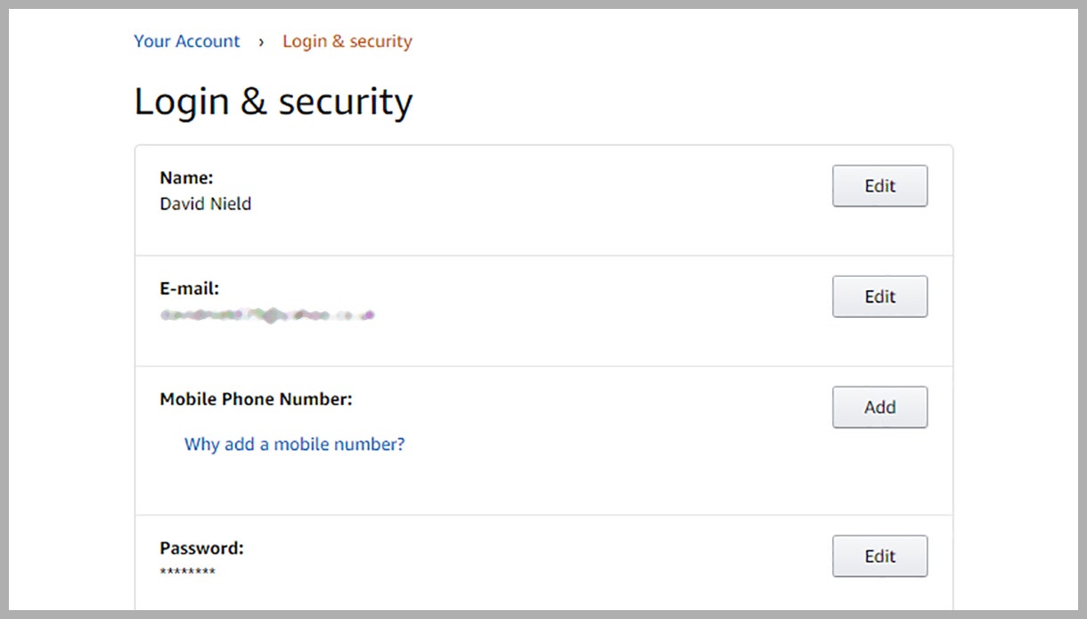 Screenshot of Amazon recovery email address settings menu