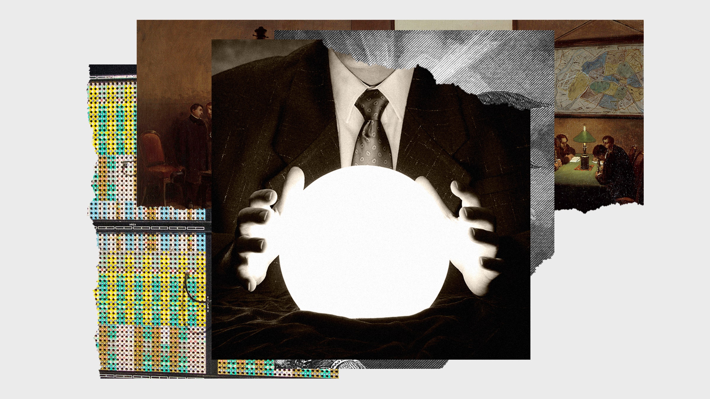 Collage of images of business person in suit reading glowing orb circuit boards.
