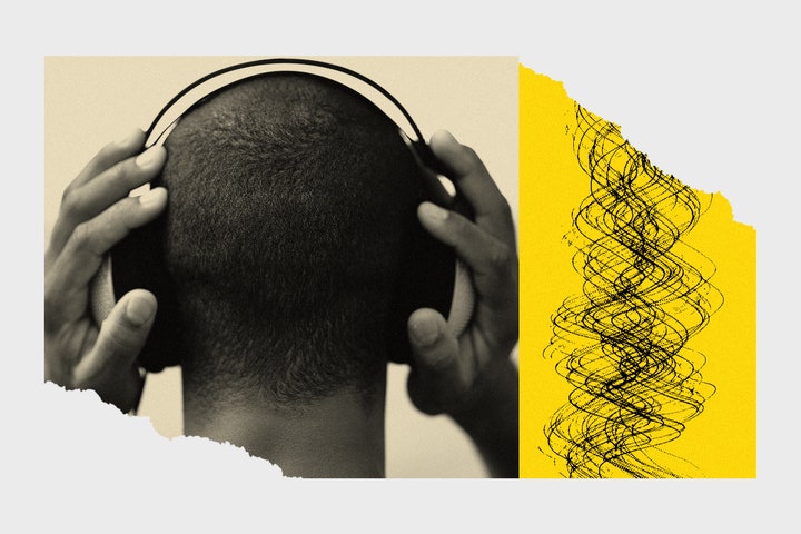 Collage of images of person wearing headphones and graphic sound waves