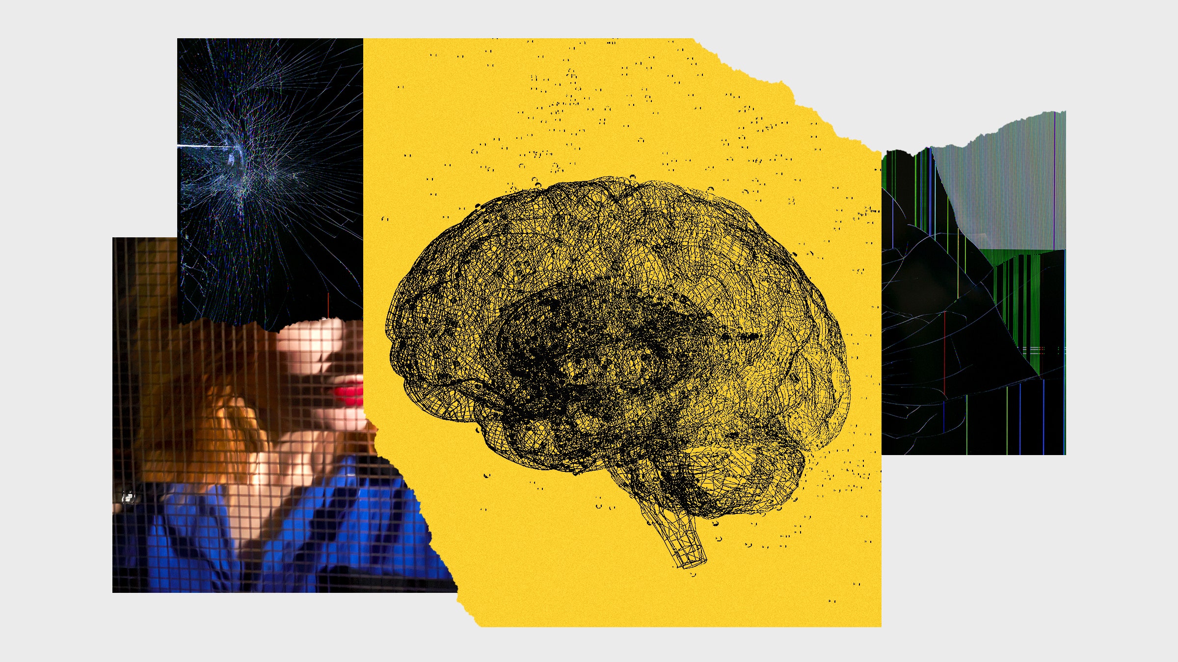 Collage of images of brain glitched person and cracked screen