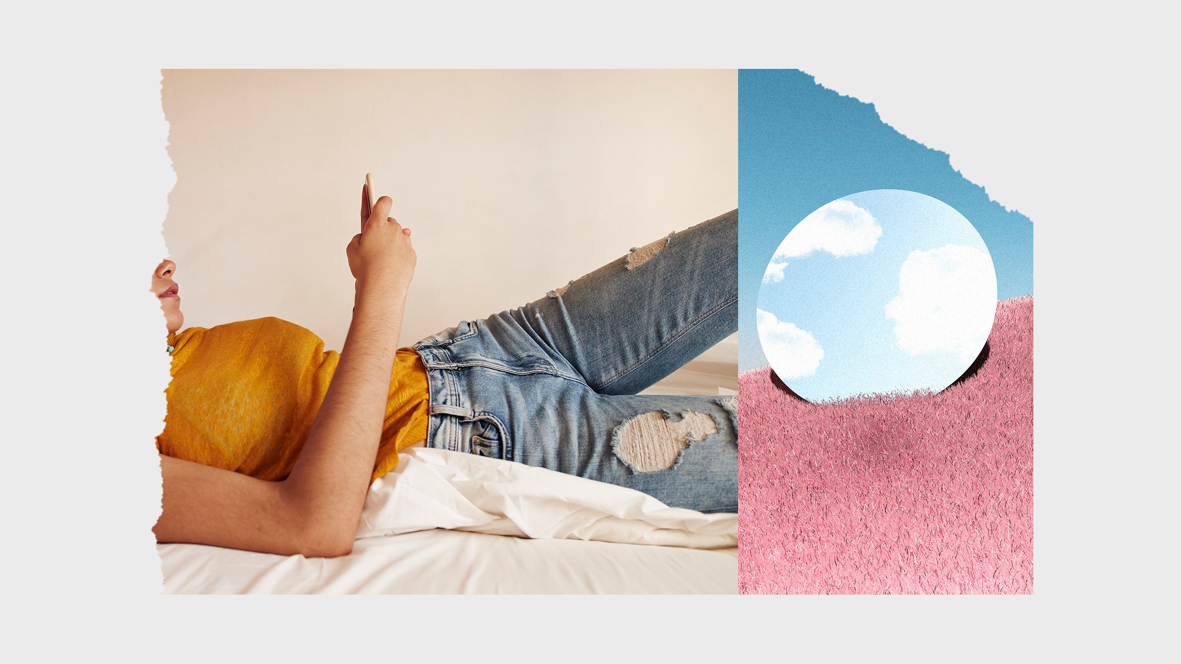 Collage of images of person laying in bed on phone and mirror reflecting the sky