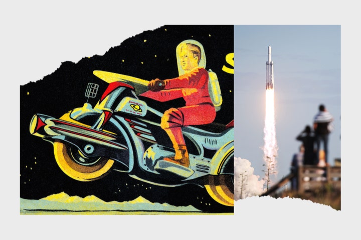 Collage of mid century scifi illustration and photo of SpaceX launch