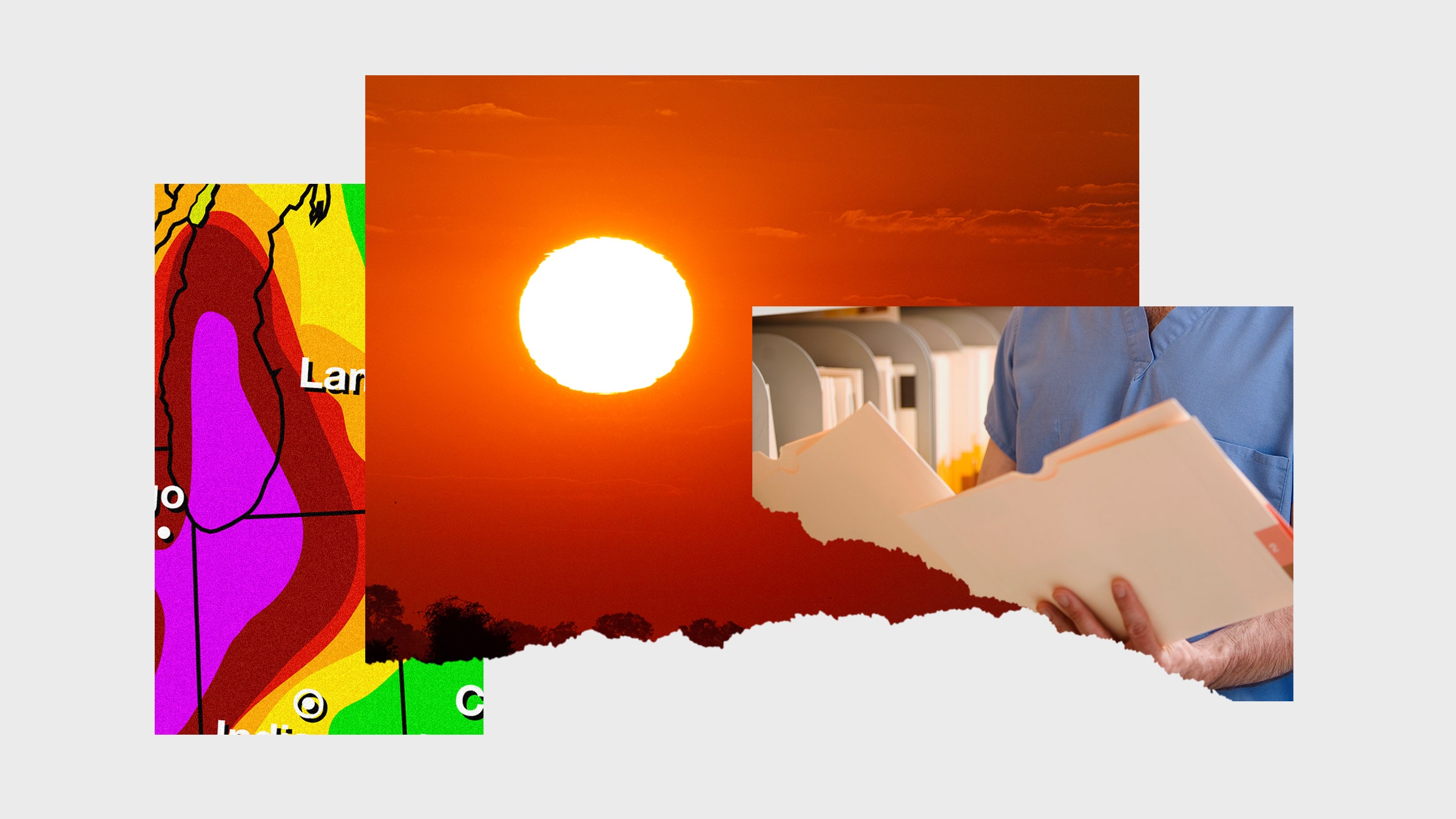 Collage of images of sun medical files and weather map
